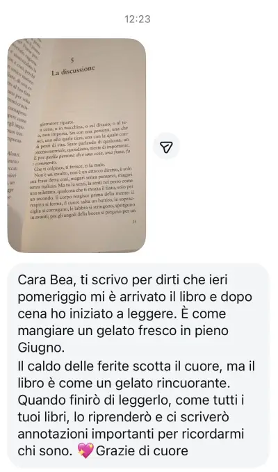 Messaggio di una lettrice con la foto di una pagina del libro, il capitolo intitolato La discussione